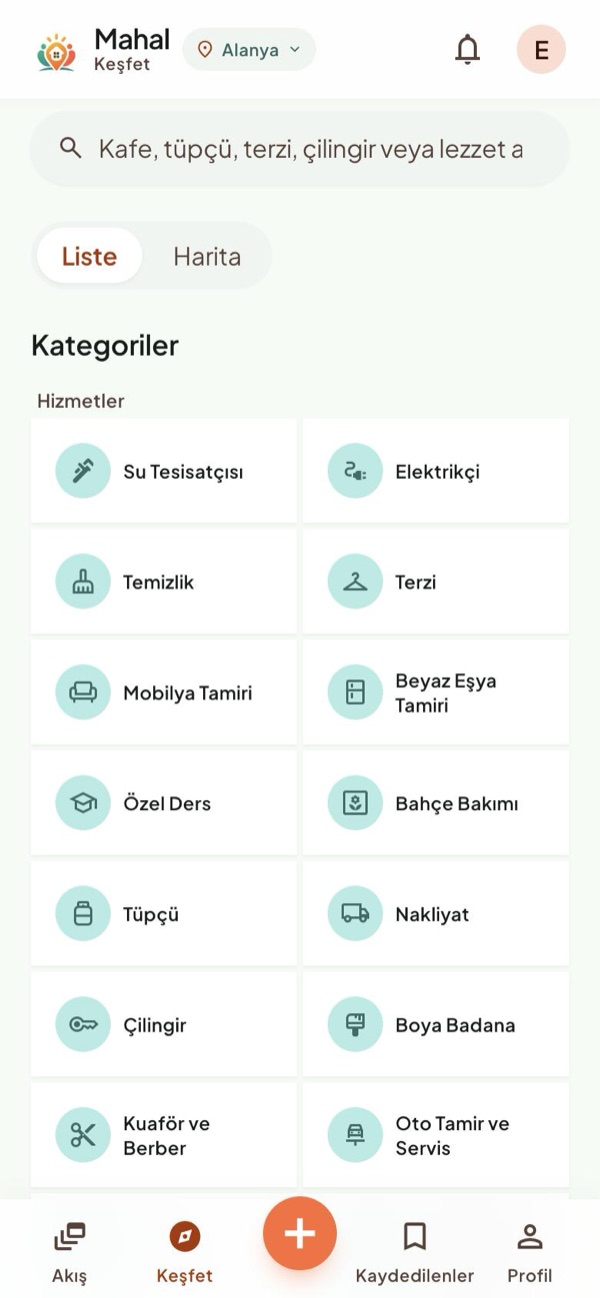 Keşfet ekranı: hizmet kategorileri