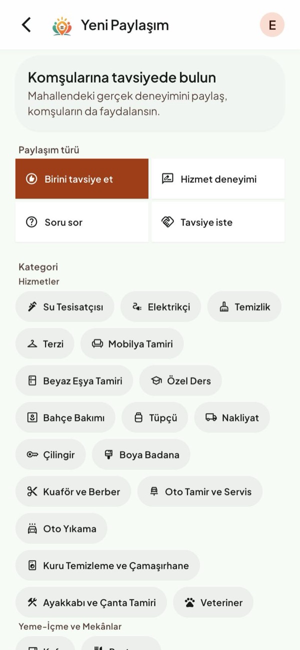 Yeni paylaşım ekranı: tür ve kategori seçimi